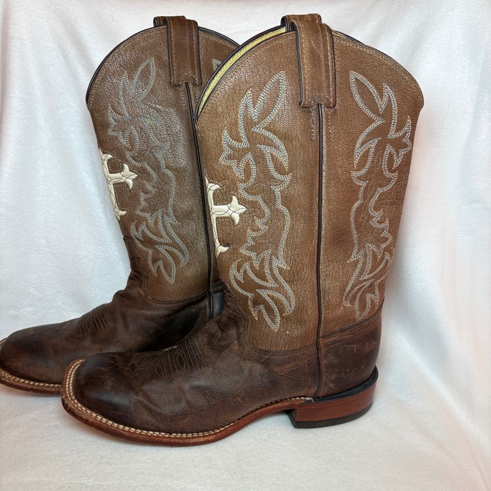 Tony Lama Brown Leather Cross Square Toe Cowboy Boots TC1002L 8B